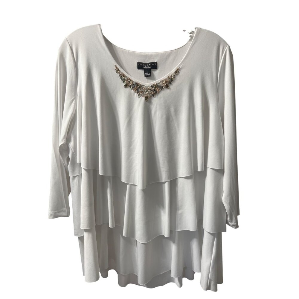 Susan Graver Artisan White Tiered 3/4 Sleeve Beaded Accent Top L